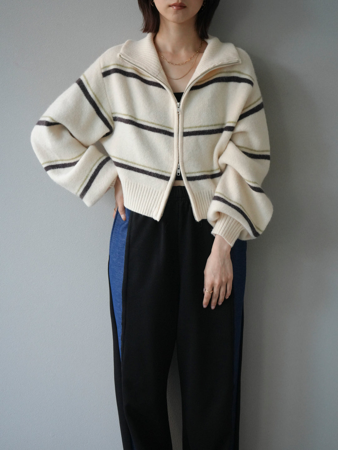 [予約]ボーダーZIPショートニットカーディガン/ivory