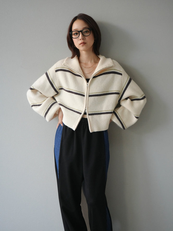 [予約]ボーダーZIPショートニットカーディガン/ivory