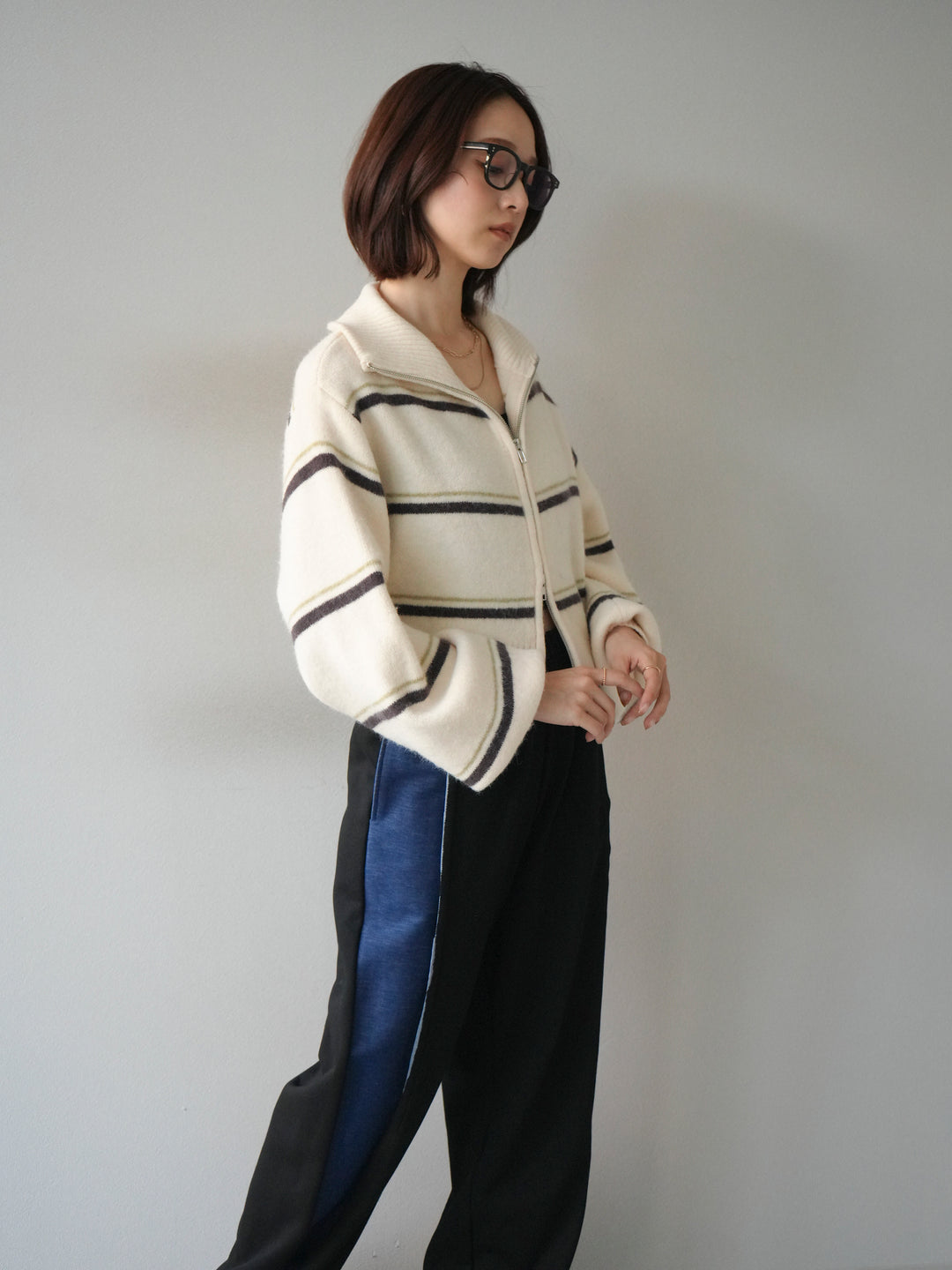 [予約]ボーダーZIPショートニットカーディガン/ivory