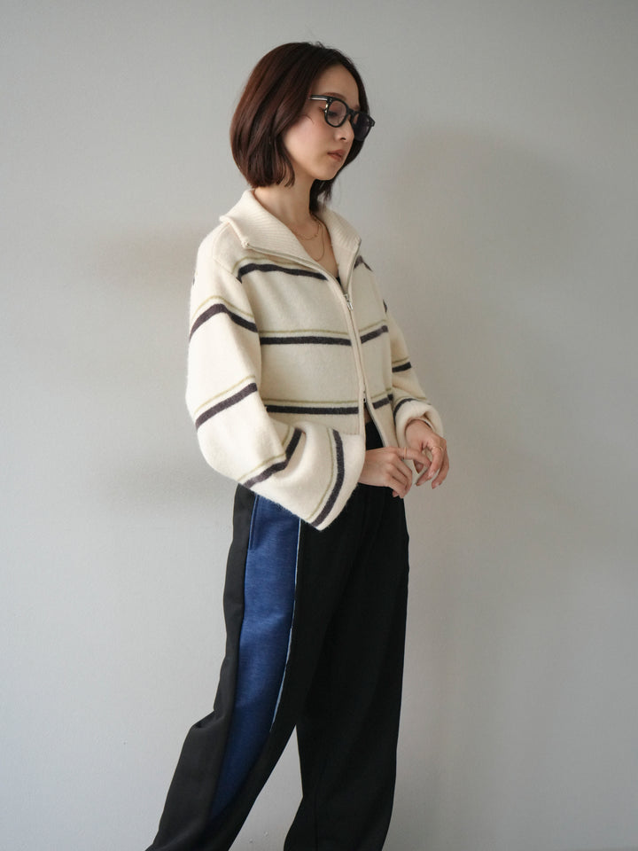 [予約]ボーダーZIPショートニットカーディガン/ivory