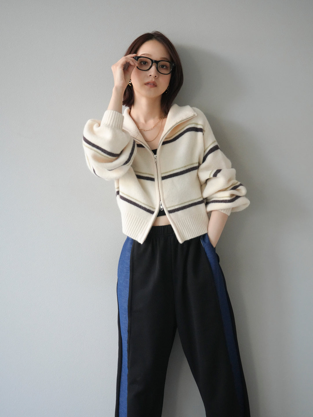 [予約]ボーダーZIPショートニットカーディガン/ivory