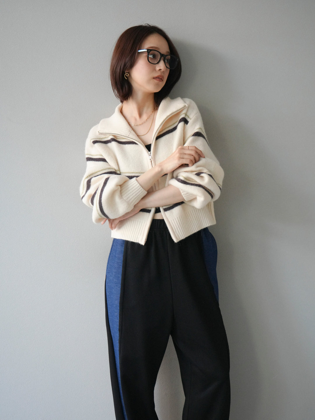 [予約]ボーダーZIPショートニットカーディガン/ivory