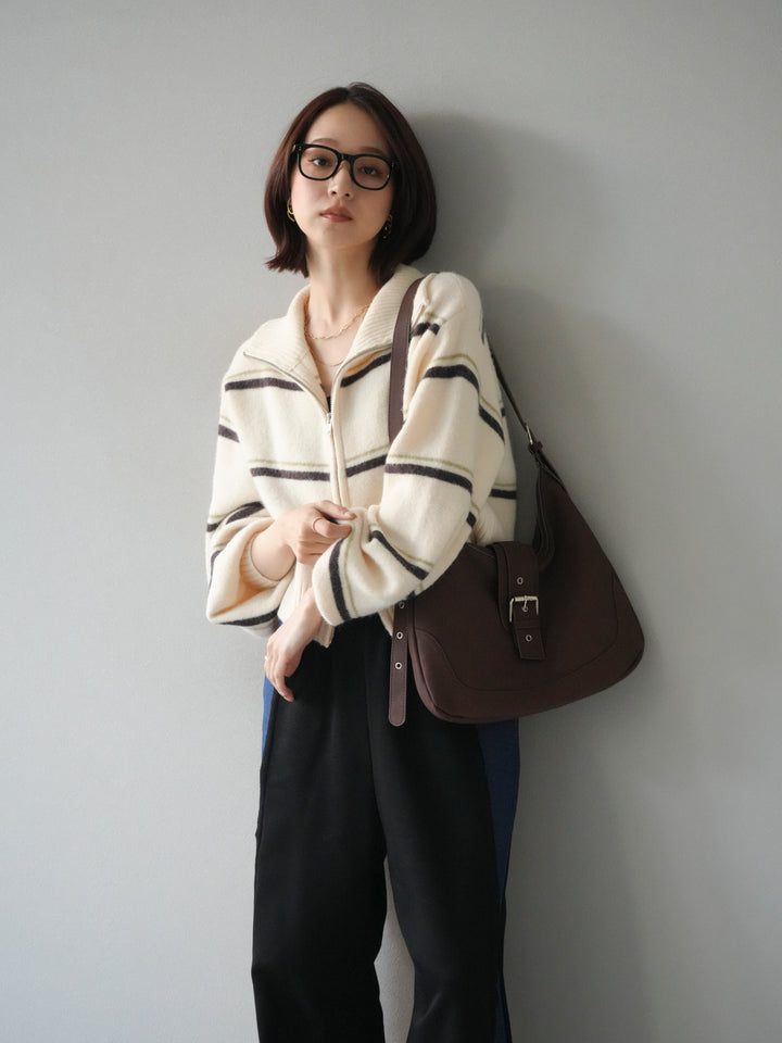 [予約]ボーダーZIPショートニットカーディガン/ivory