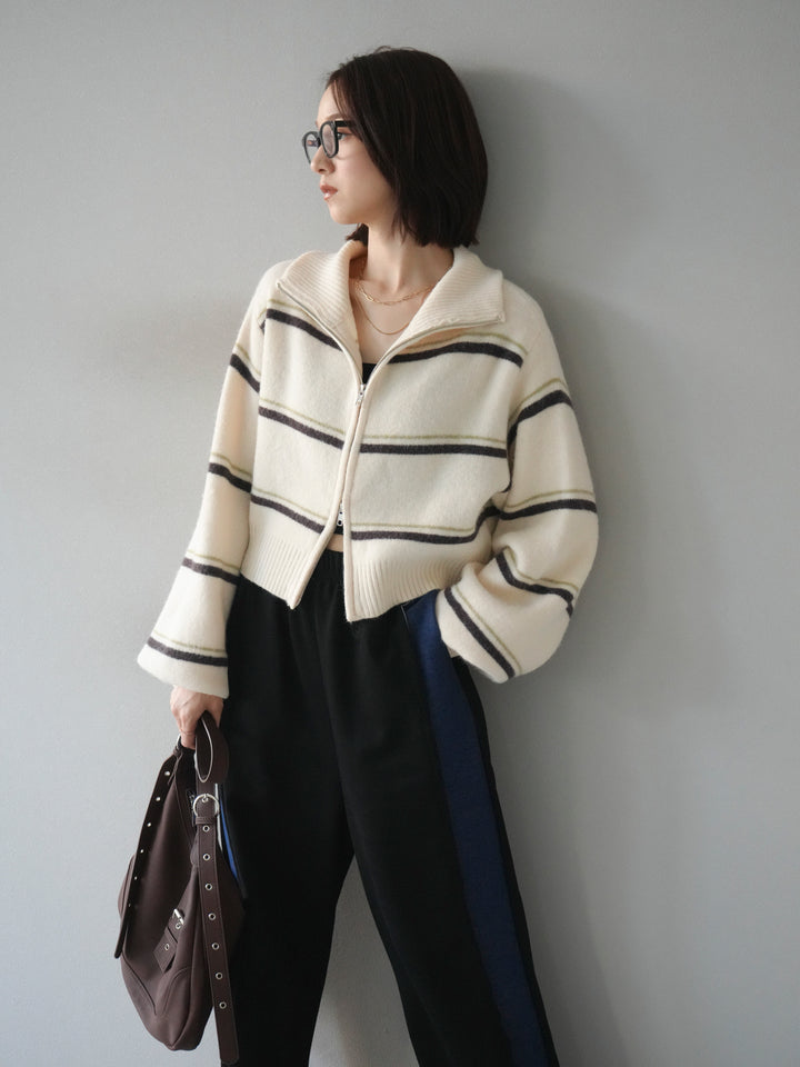 [予約]ボーダーZIPショートニットカーディガン/ivory