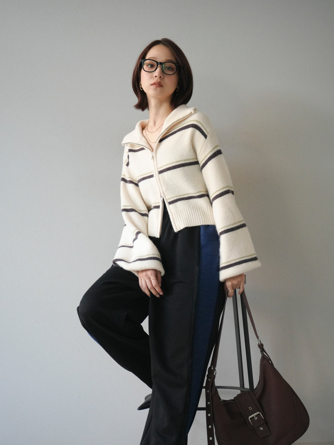 [予約]ボーダーZIPショートニットカーディガン/ivory
