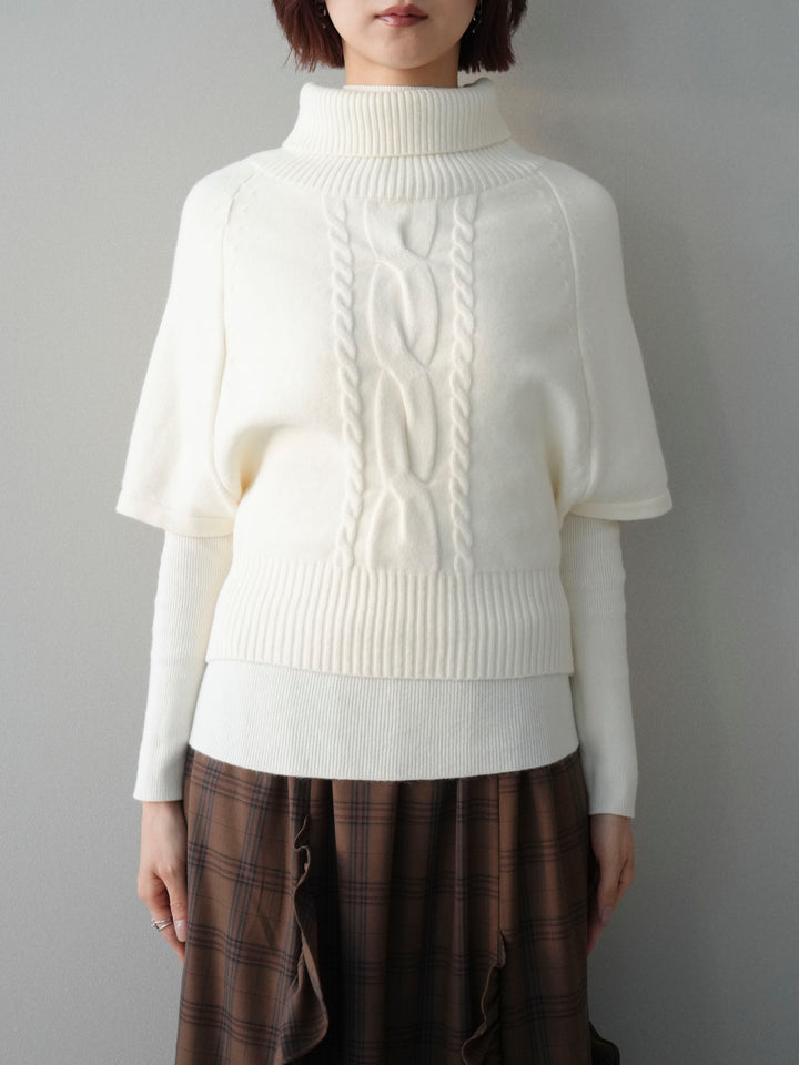 [予約]ケーブル編みタートルハーフスリーブニットアンサンブル/ivory
