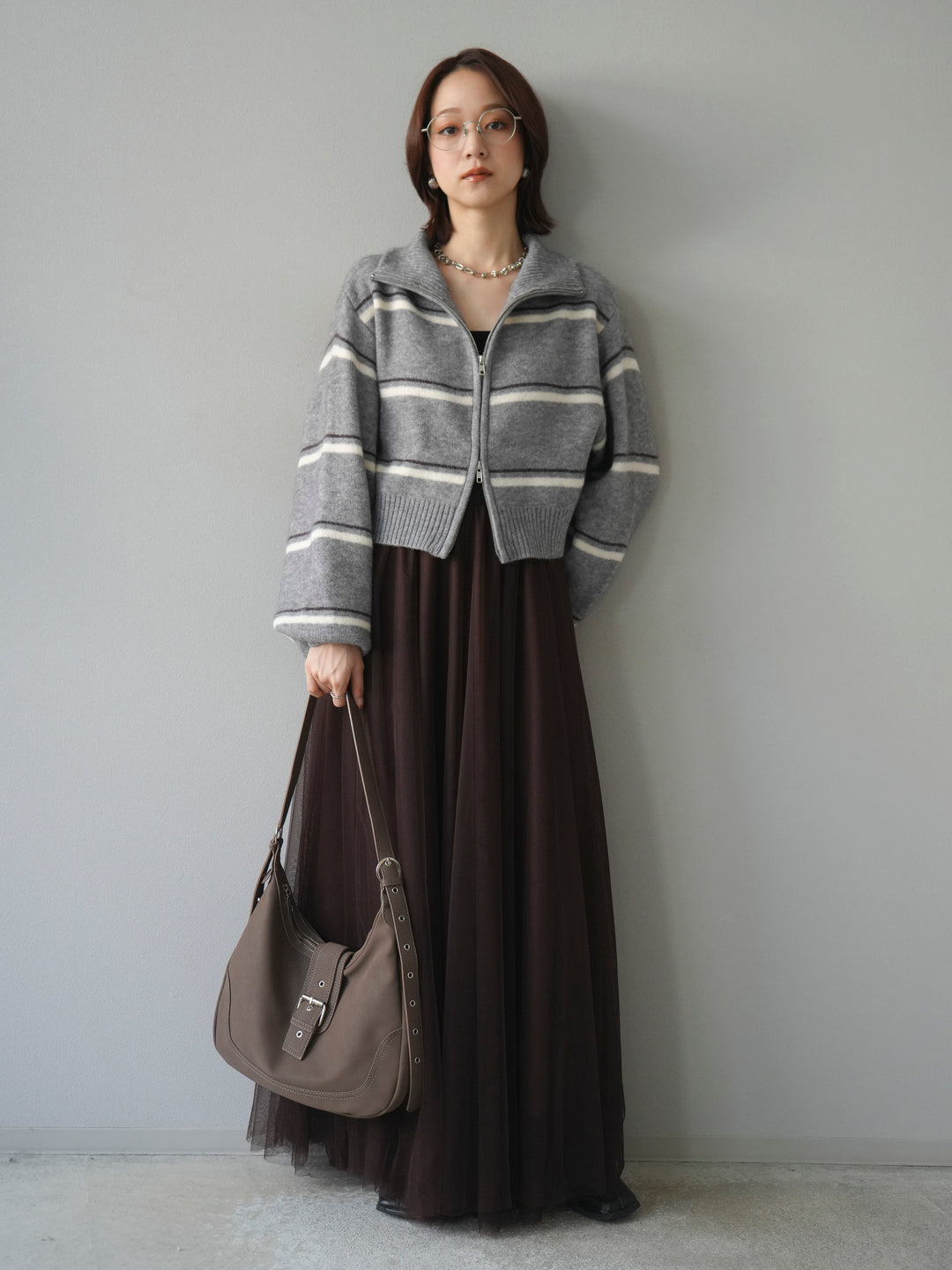 [予約]ボーダーZIPショートニットカーディガン/ gray