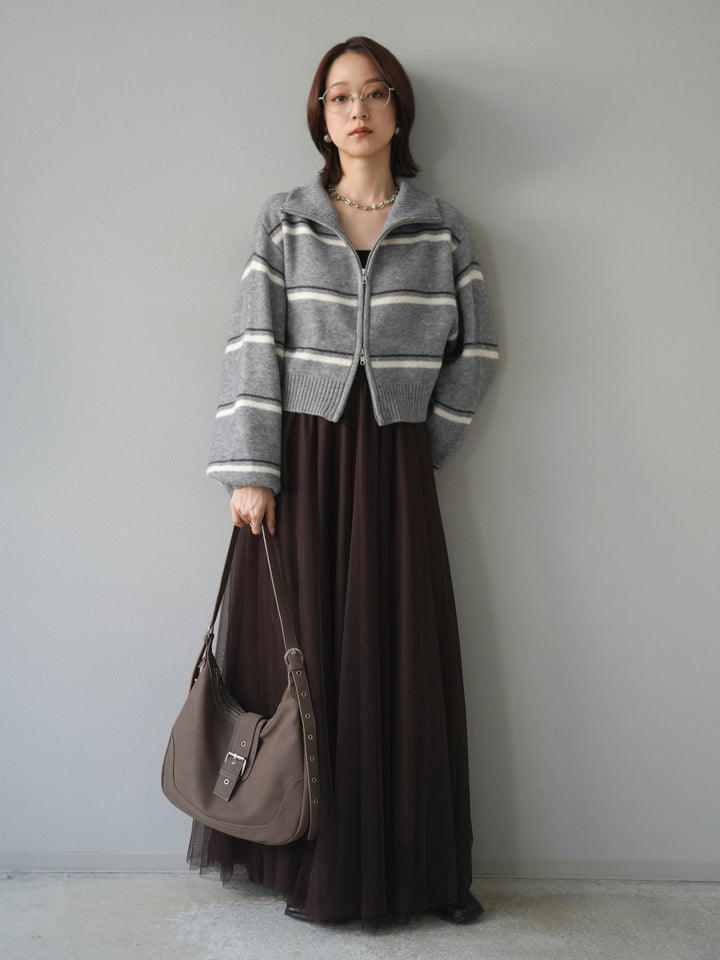 [予約]ボーダーZIPショートニットカーディガン/ gray