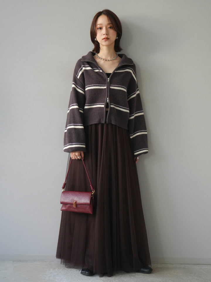 [予約]ボーダーZIPショートニットカーディガン/brown