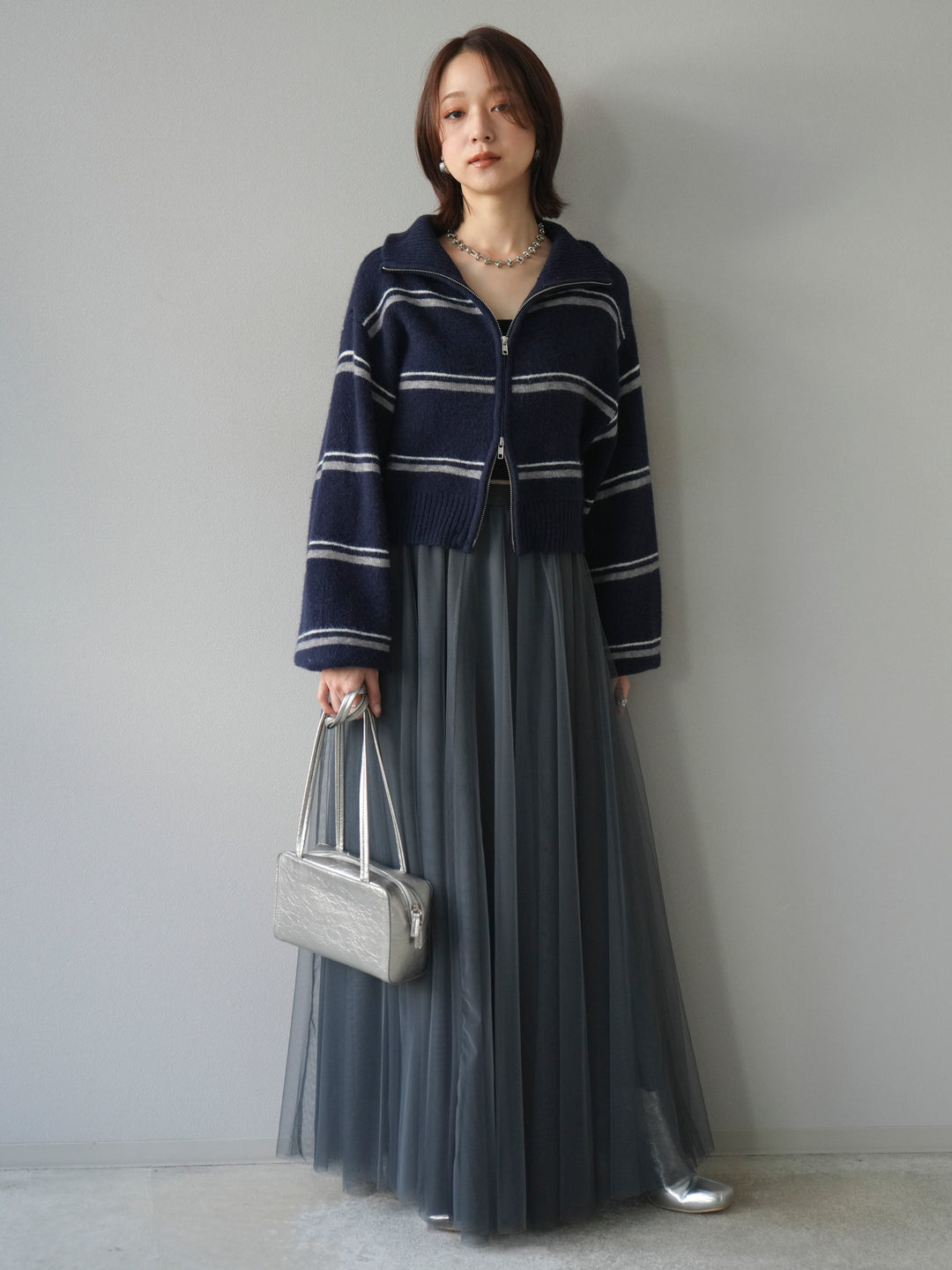 [予約]ボーダーZIPショートニットカーディガン/navy