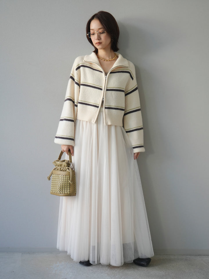 [予約]ボーダーZIPショートニットカーディガン/ivory