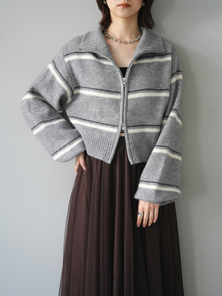 [予約]ボーダーZIPショートニットカーディガン/ gray