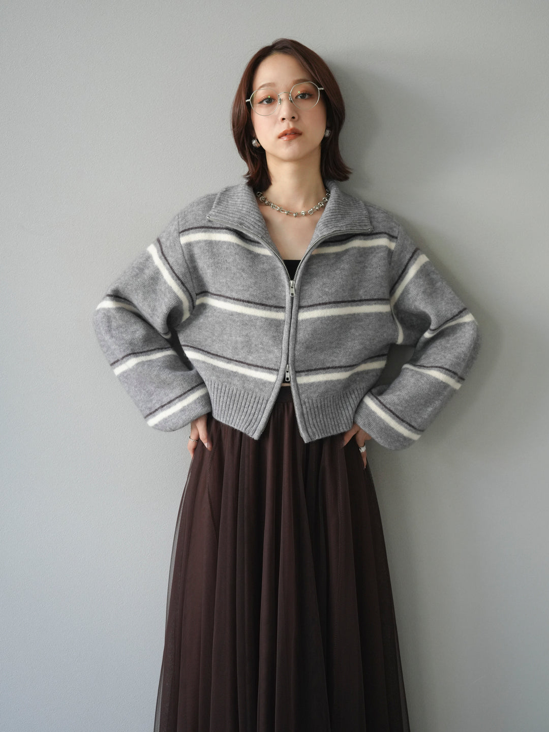[予約]ボーダーZIPショートニットカーディガン/ gray