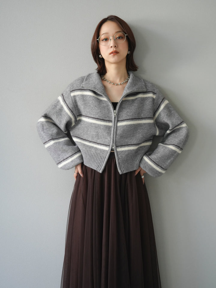 [予約]ボーダーZIPショートニットカーディガン/ gray