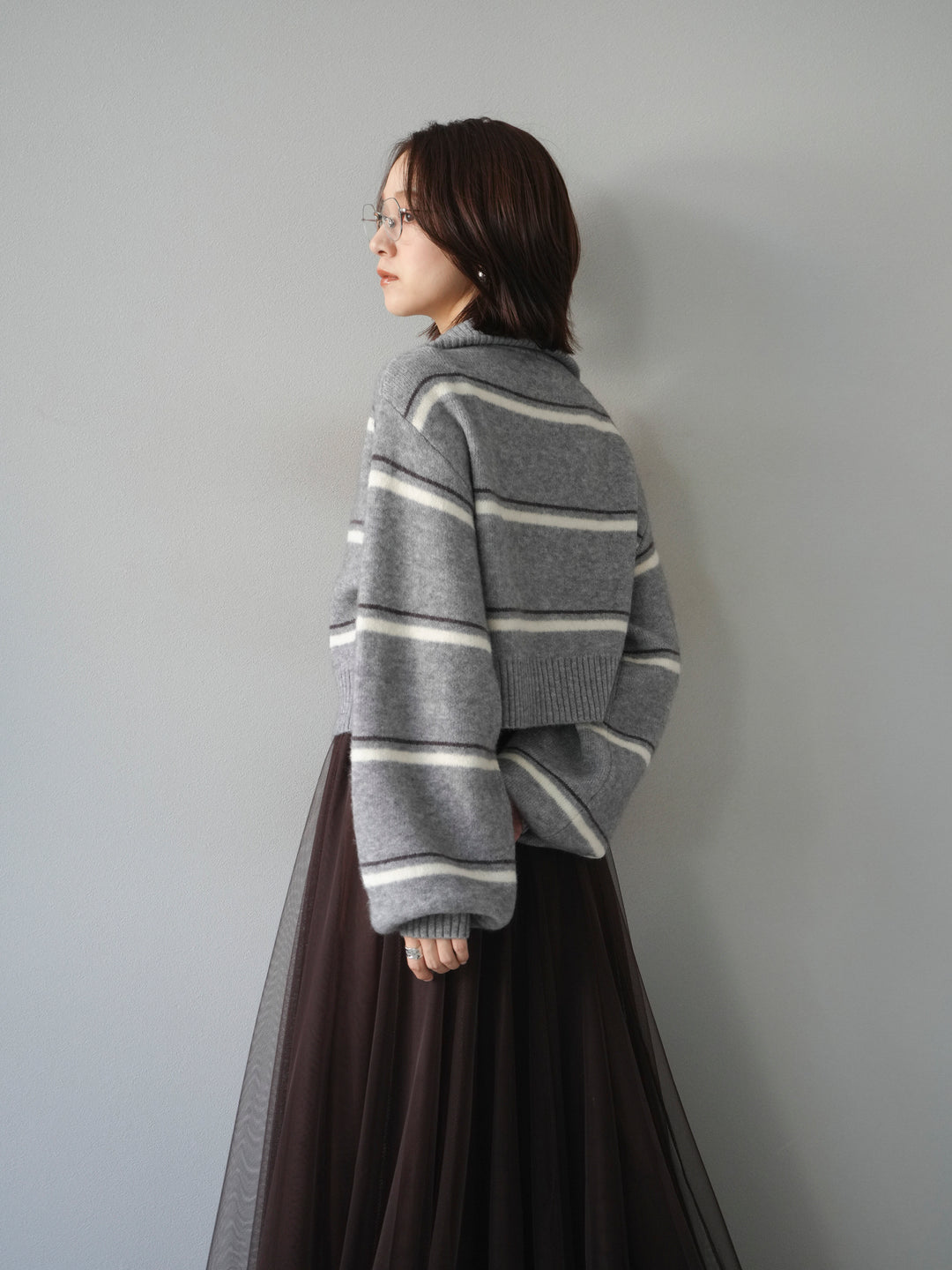 [予約]ボーダーZIPショートニットカーディガン/ gray