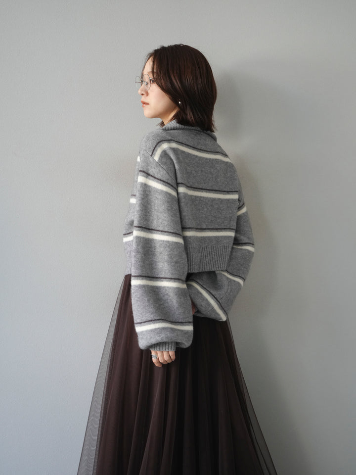 [予約]ボーダーZIPショートニットカーディガン/ gray