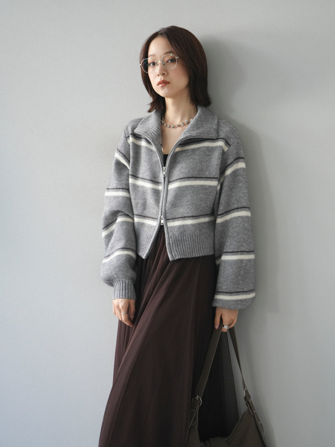 [予約]ボーダーZIPショートニットカーディガン/ gray
