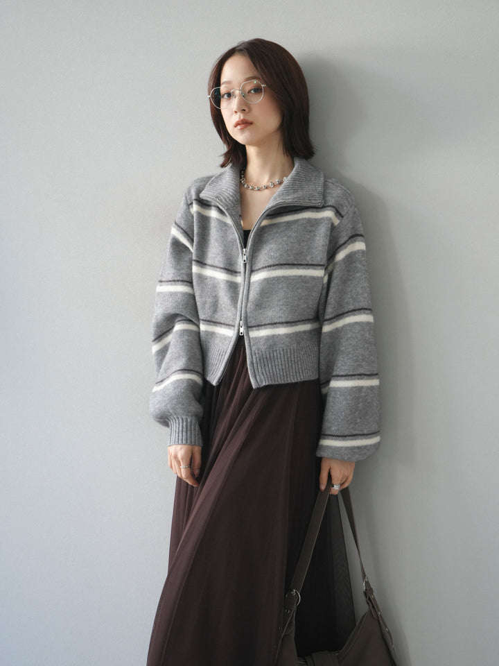 [予約]ボーダーZIPショートニットカーディガン/ gray