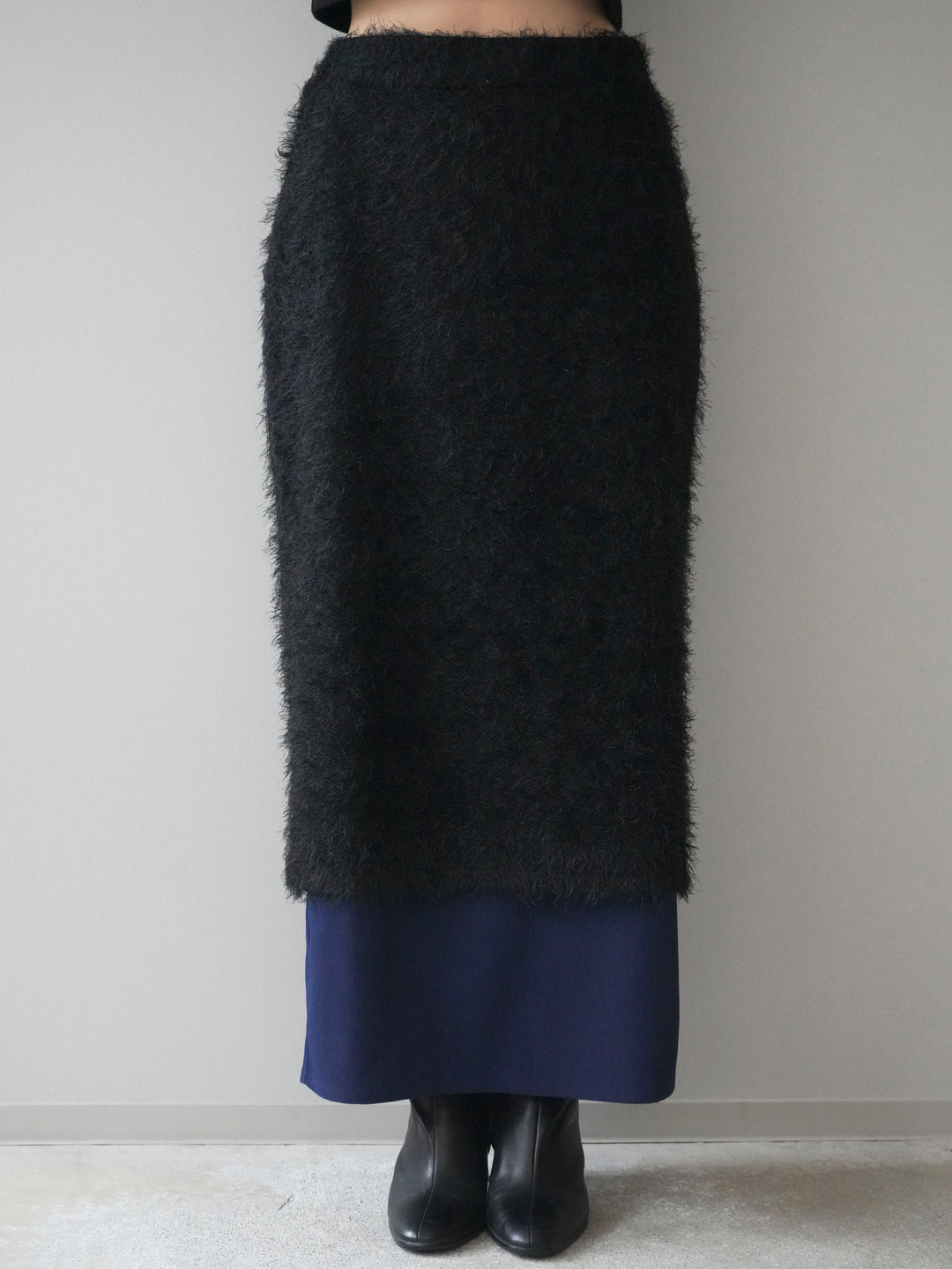 [予約]異素材バイカラーレイヤードシャギーニットスカート/black