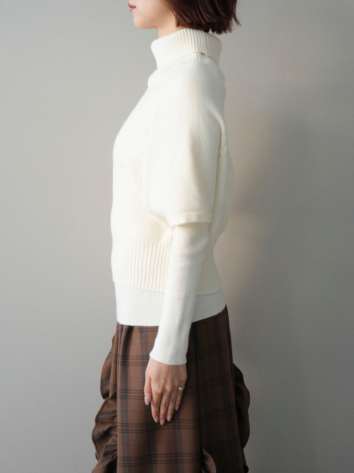 [予約]ケーブル編みタートルハーフスリーブニットアンサンブル/ivory