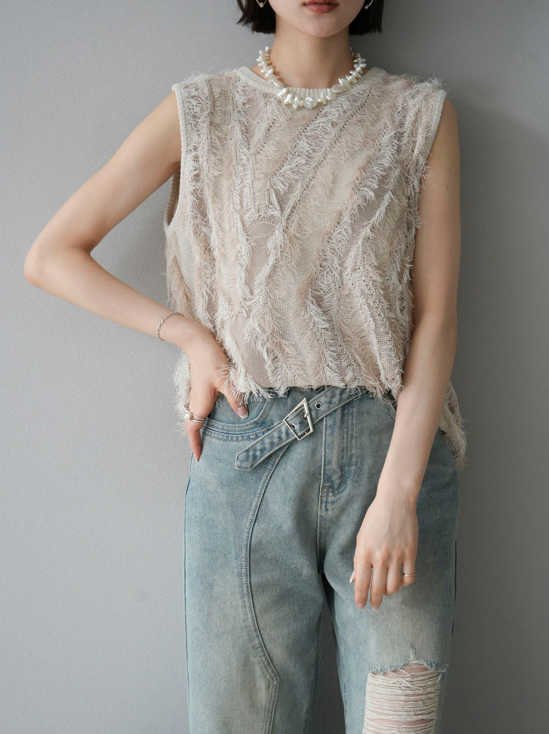 [Pre-order] Mixed fringe knit top/ivory