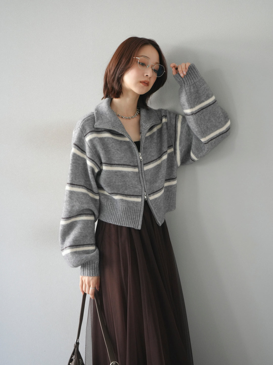 [予約]ボーダーZIPショートニットカーディガン/ gray