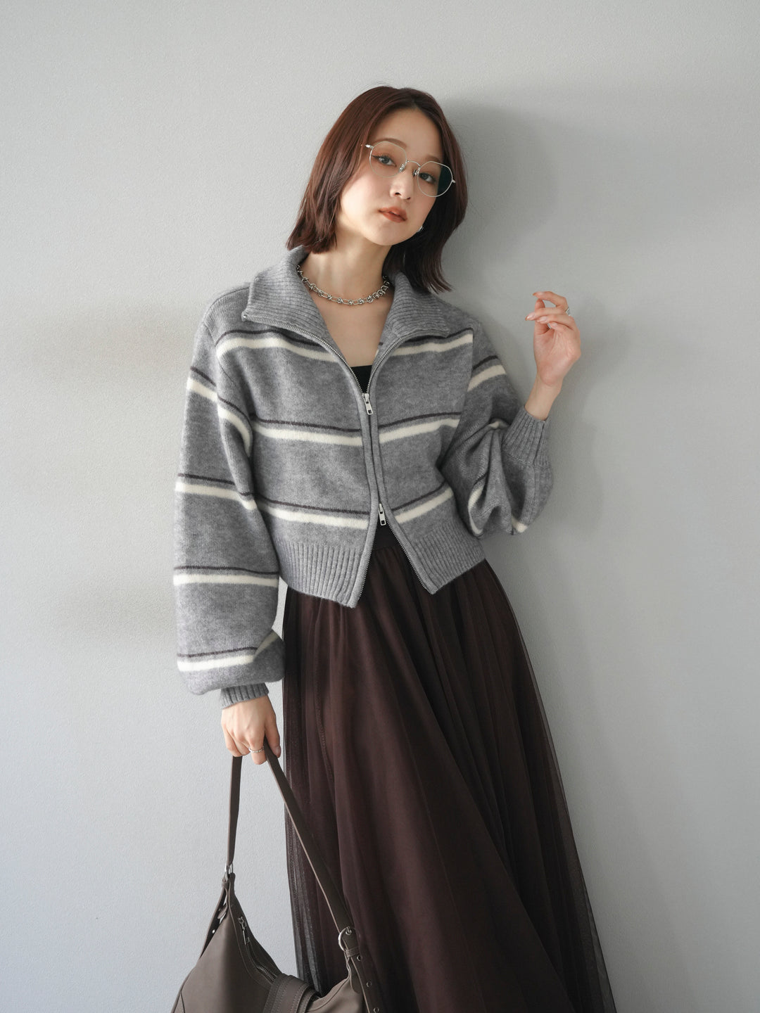[予約]ボーダーZIPショートニットカーディガン/ gray