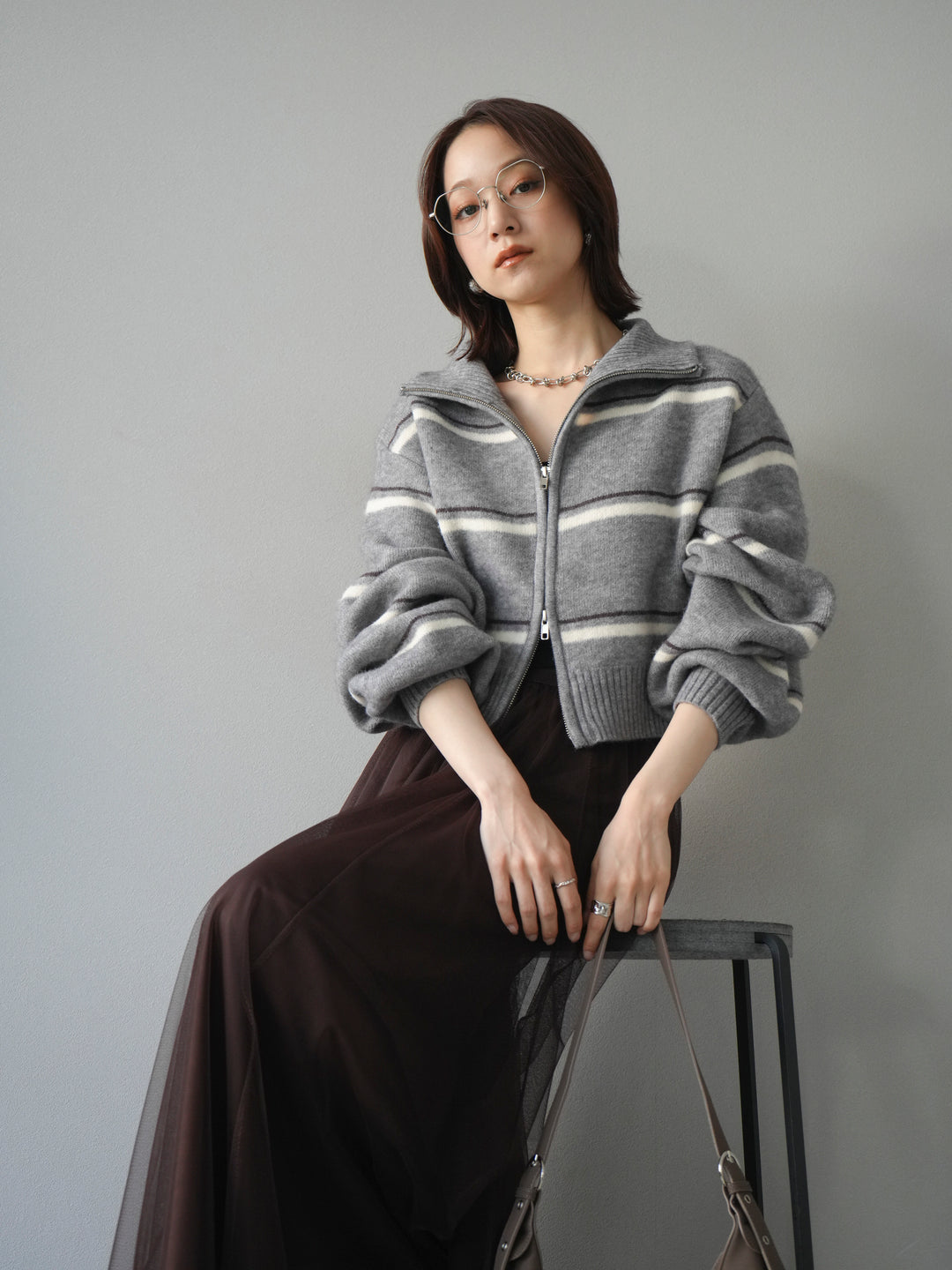 [予約]ボーダーZIPショートニットカーディガン/ gray