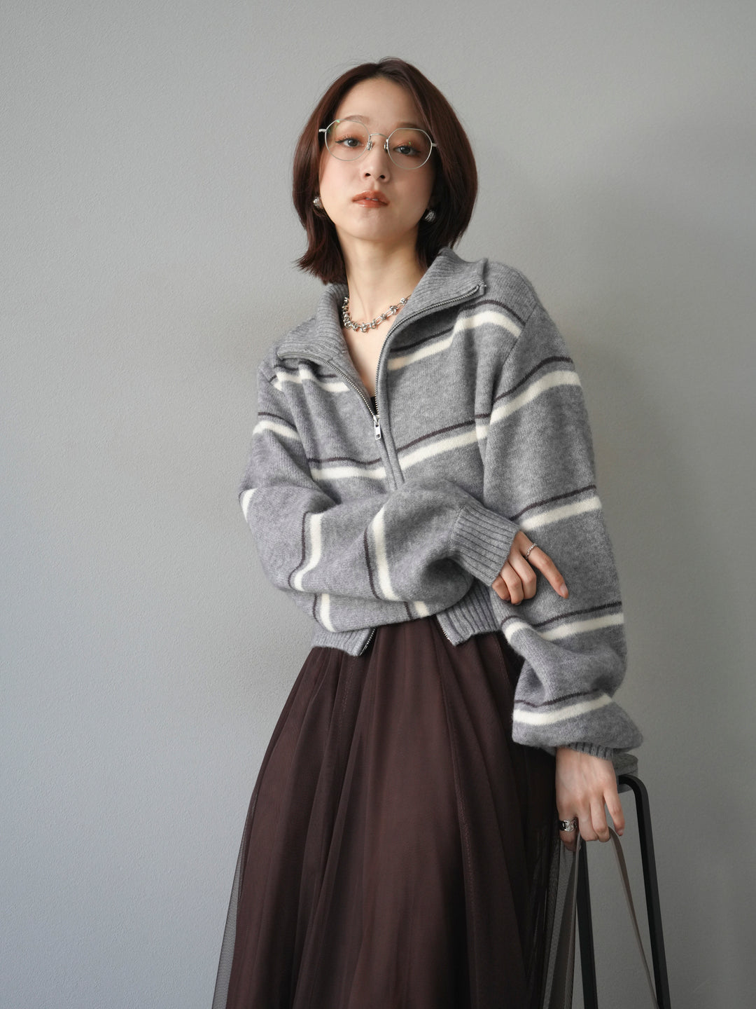 [予約]ボーダーZIPショートニットカーディガン/ gray