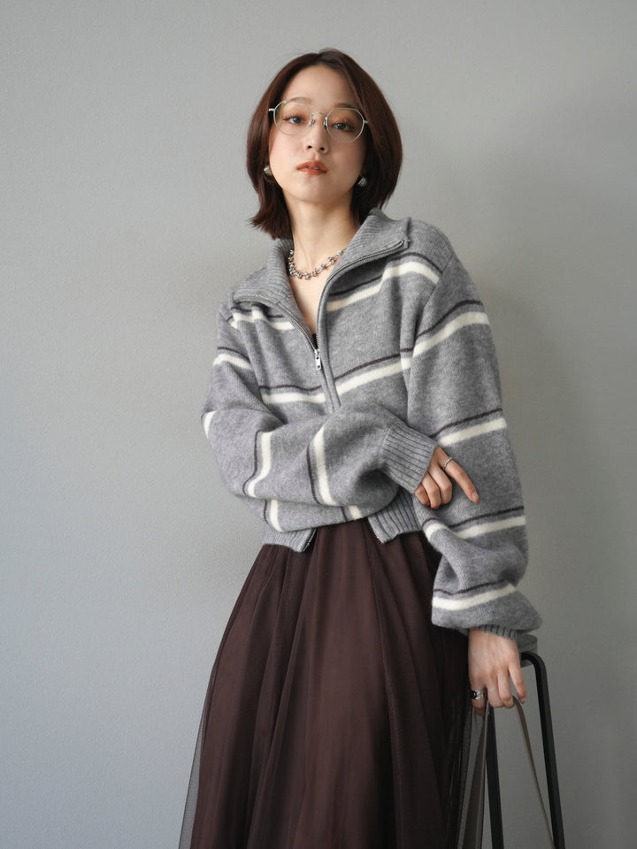 [予約]ボーダーZIPショートニットカーディガン/ gray