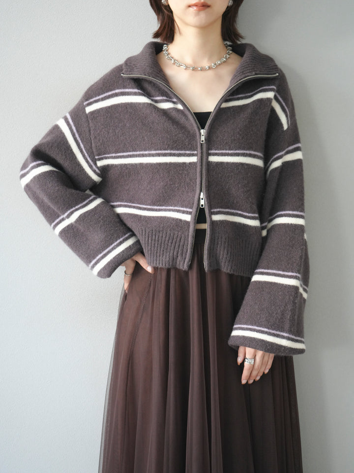 [予約]ボーダーZIPショートニットカーディガン/brown