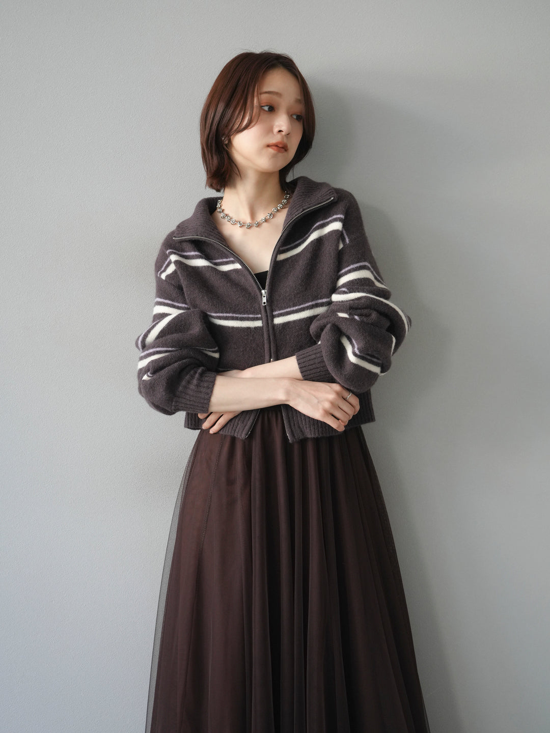 [予約]ボーダーZIPショートニットカーディガン/brown