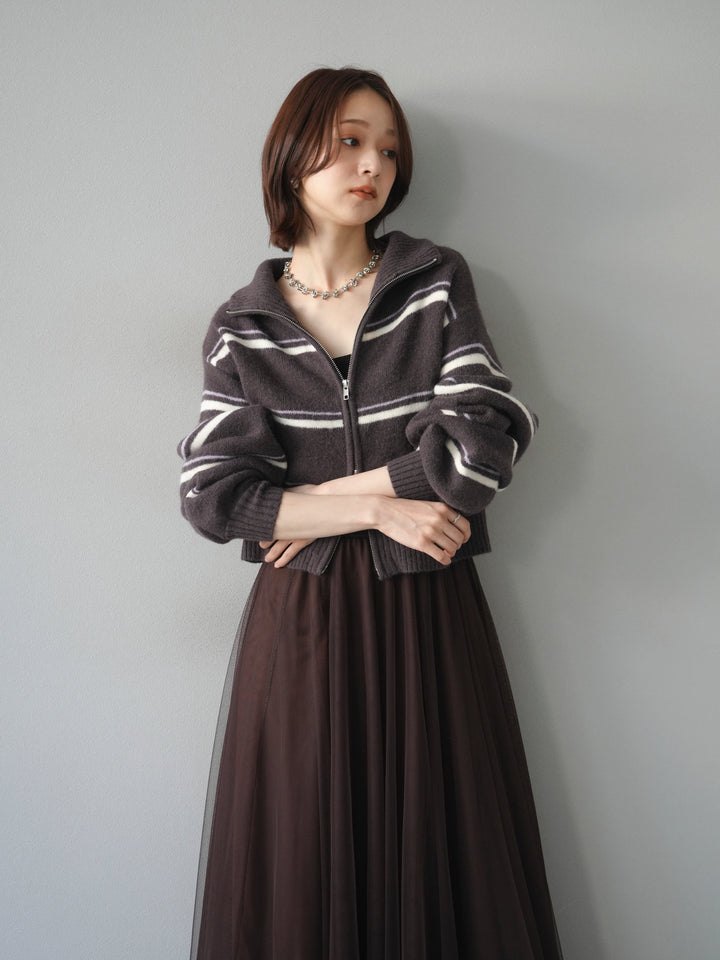 [予約]ボーダーZIPショートニットカーディガン/brown
