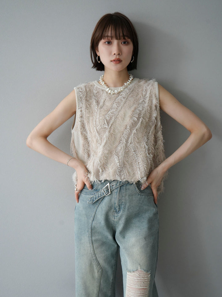 [Pre-order] Mixed fringe knit top/ivory