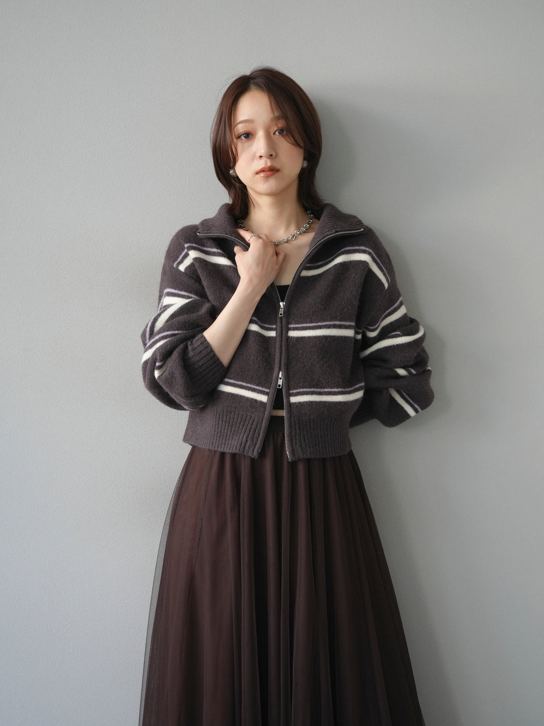 [予約]ボーダーZIPショートニットカーディガン/brown