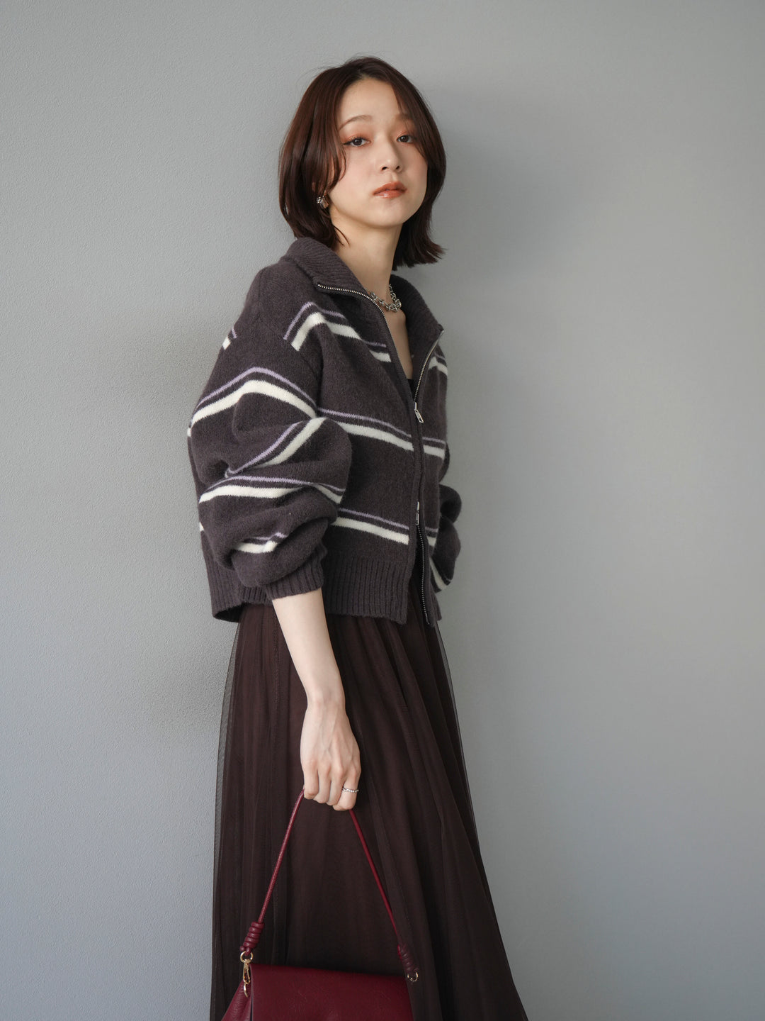 [予約]ボーダーZIPショートニットカーディガン/brown