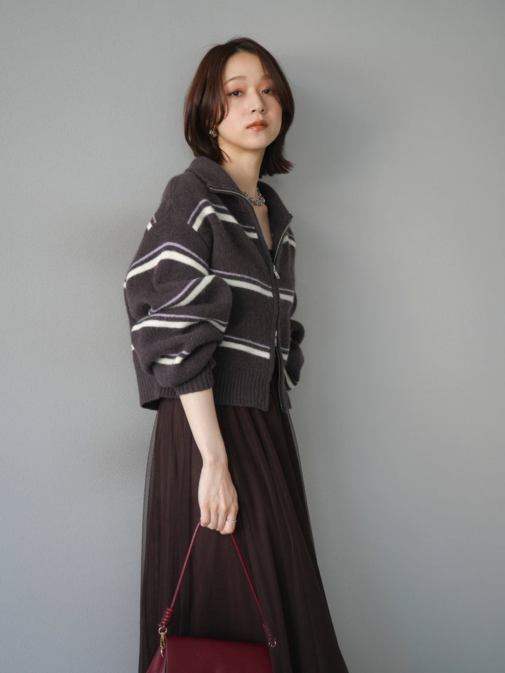 [予約]ボーダーZIPショートニットカーディガン/brown