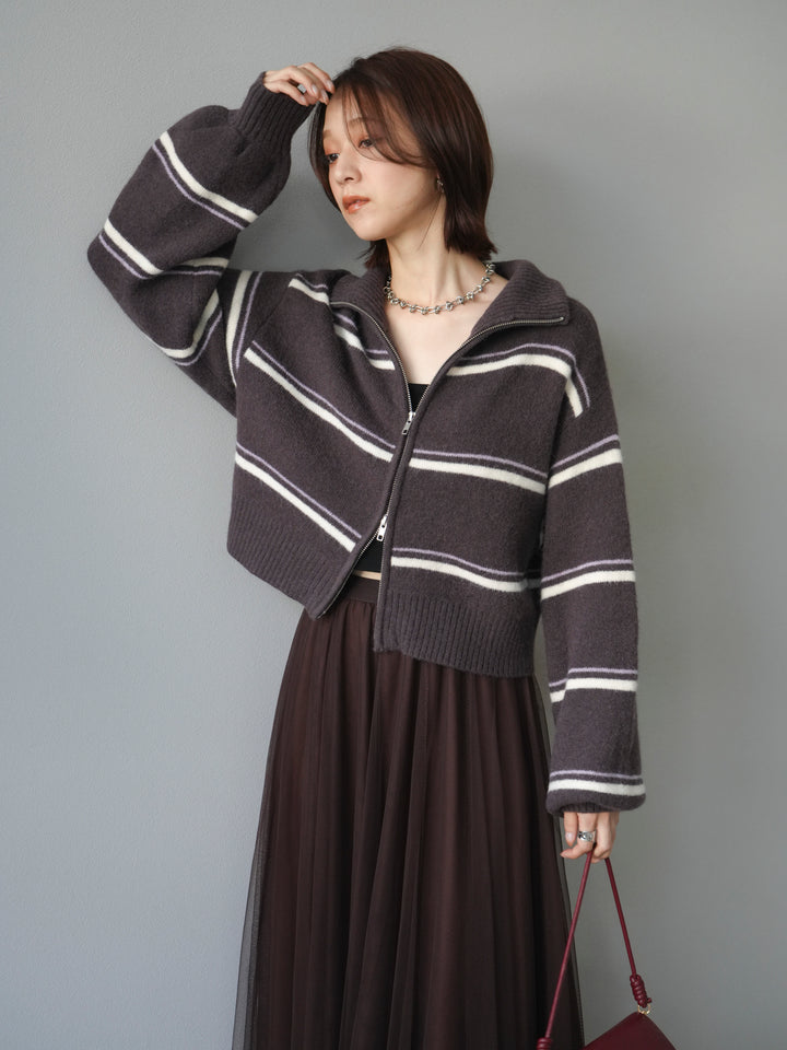 [予約]ボーダーZIPショートニットカーディガン/brown