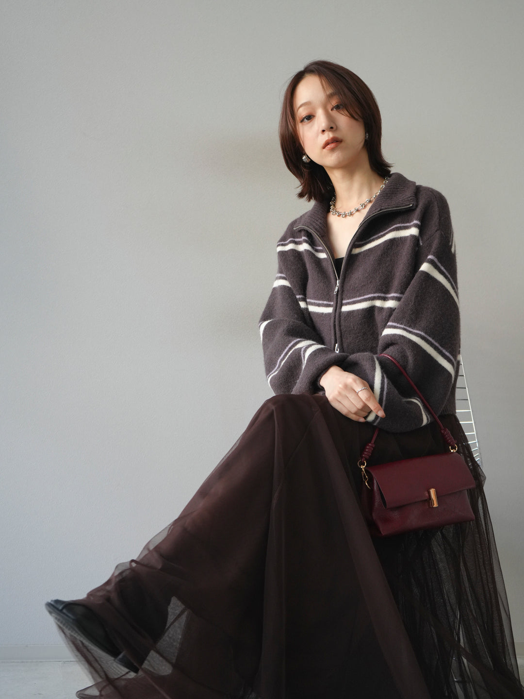 [予約]ボーダーZIPショートニットカーディガン/brown