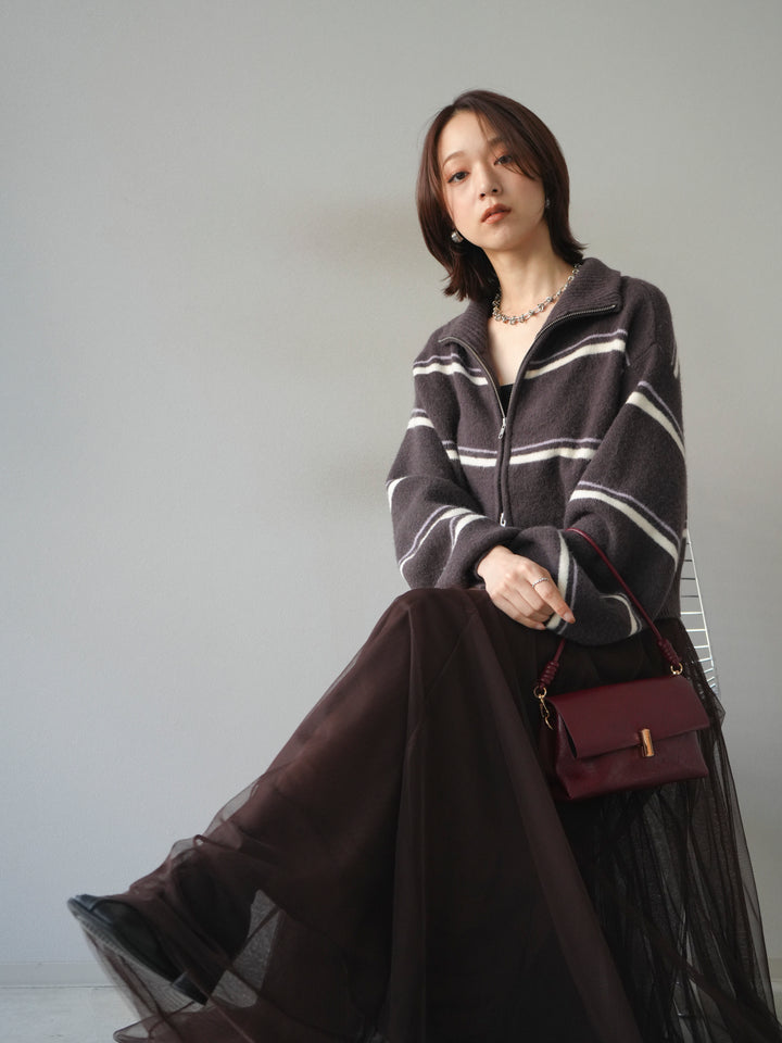 [予約]ボーダーZIPショートニットカーディガン/brown