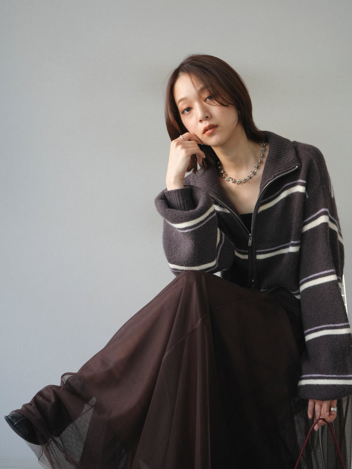 [予約]ボーダーZIPショートニットカーディガン/brown