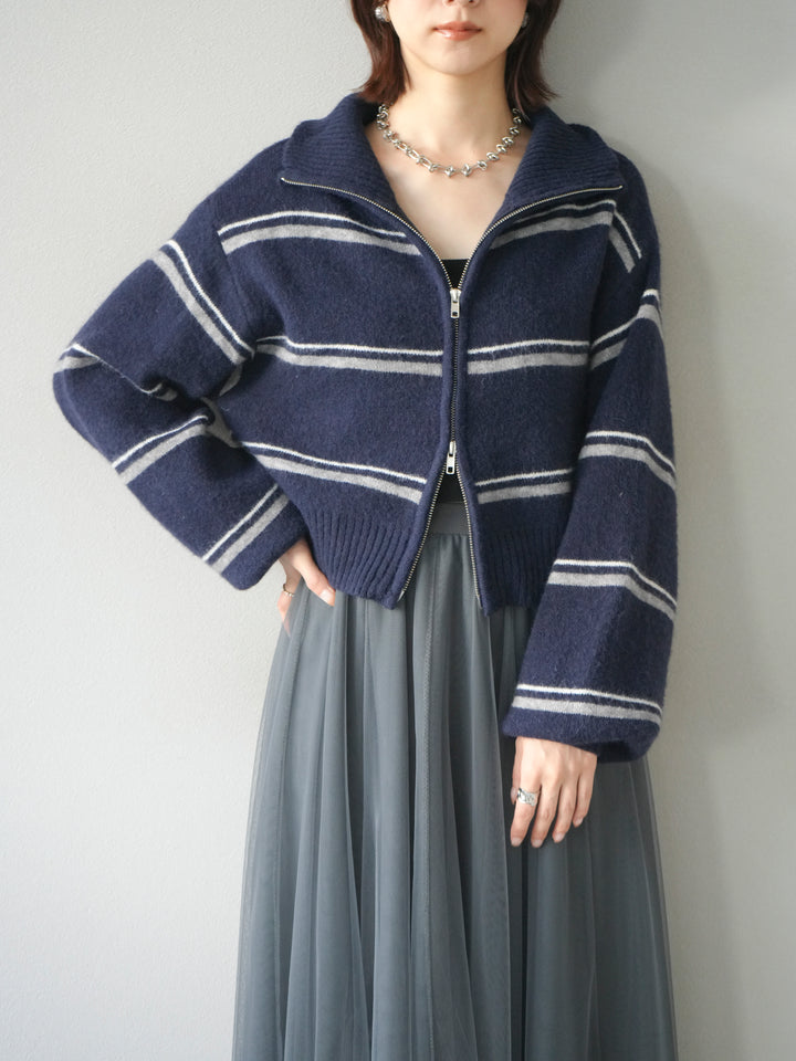 [予約]ボーダーZIPショートニットカーディガン/navy