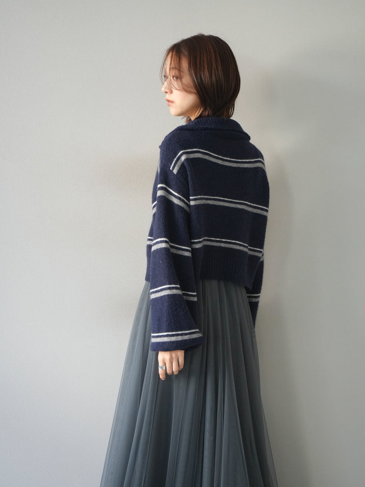 [予約]ボーダーZIPショートニットカーディガン/navy