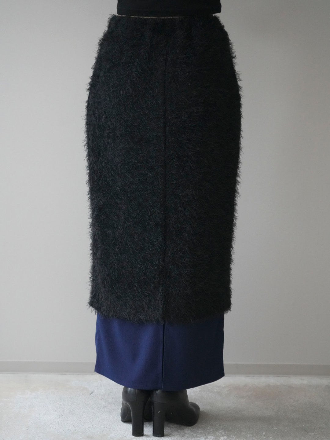 [予約]異素材バイカラーレイヤードシャギーニットスカート/black