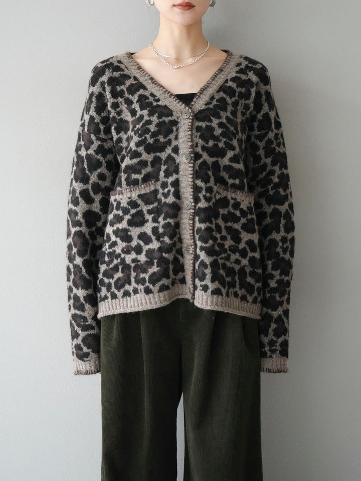 [予約]アニマル柄ステッチニットカーディガン/brown