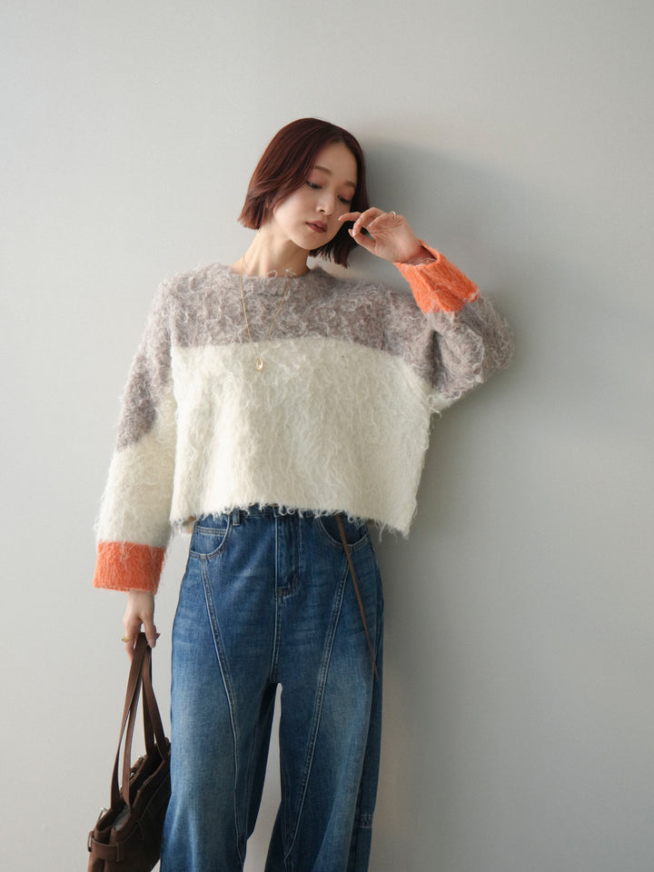 [予約]バイカラーモヘアタッチニットプルオーバー/mocha