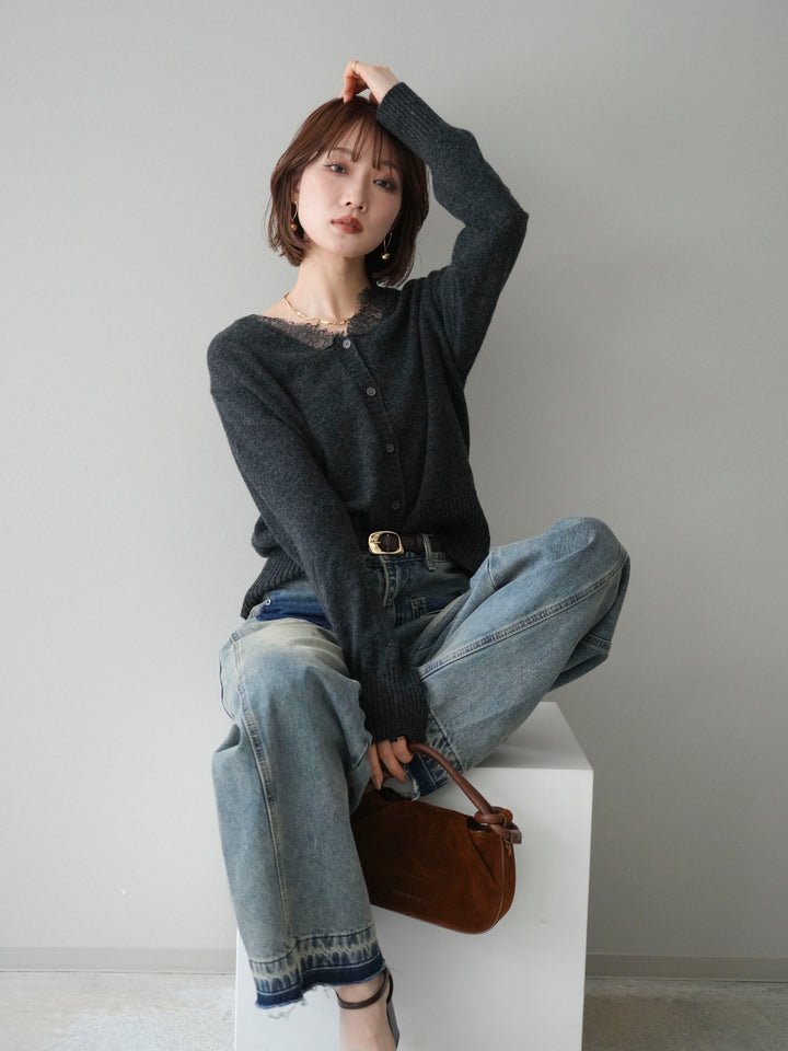 [SET]レースネックニットカーディガン+染めデザインポケットデニムパンツ(2set)