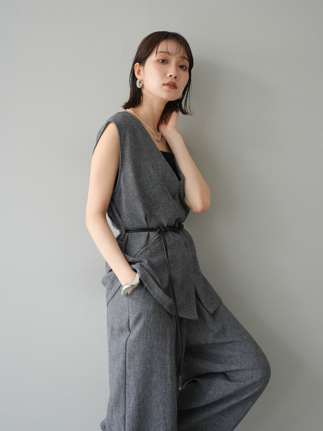 [SET]ベルト付リネンタッチベスト＆ワイドパンツSET UP(2set)