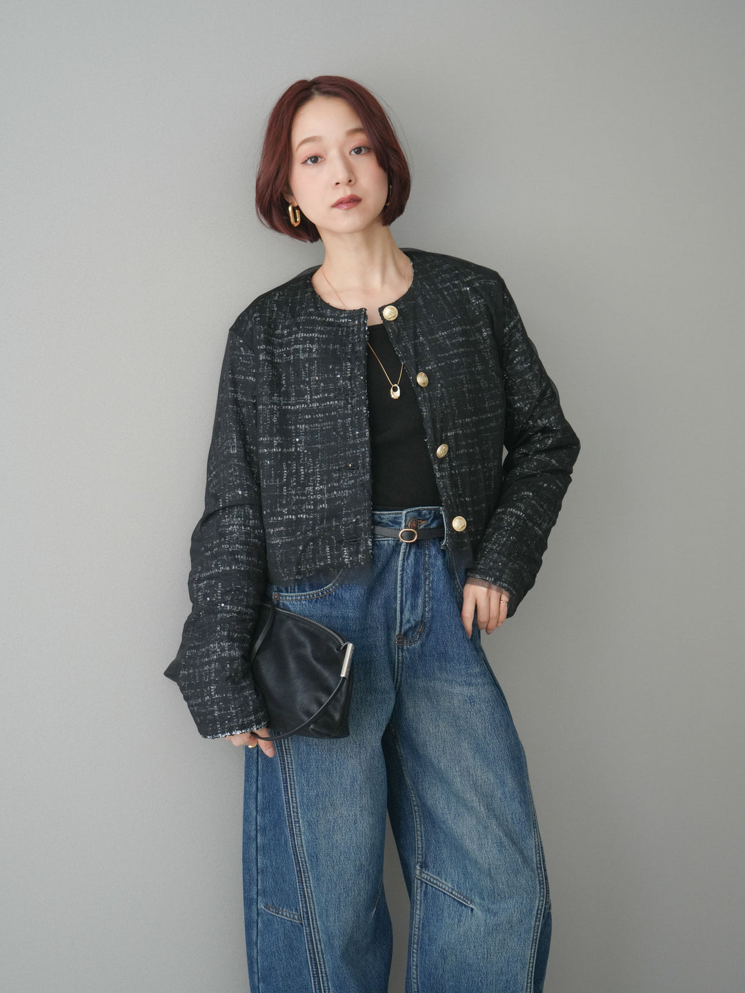 [予約]チュールレイヤードツイードクロップドジャケット/black