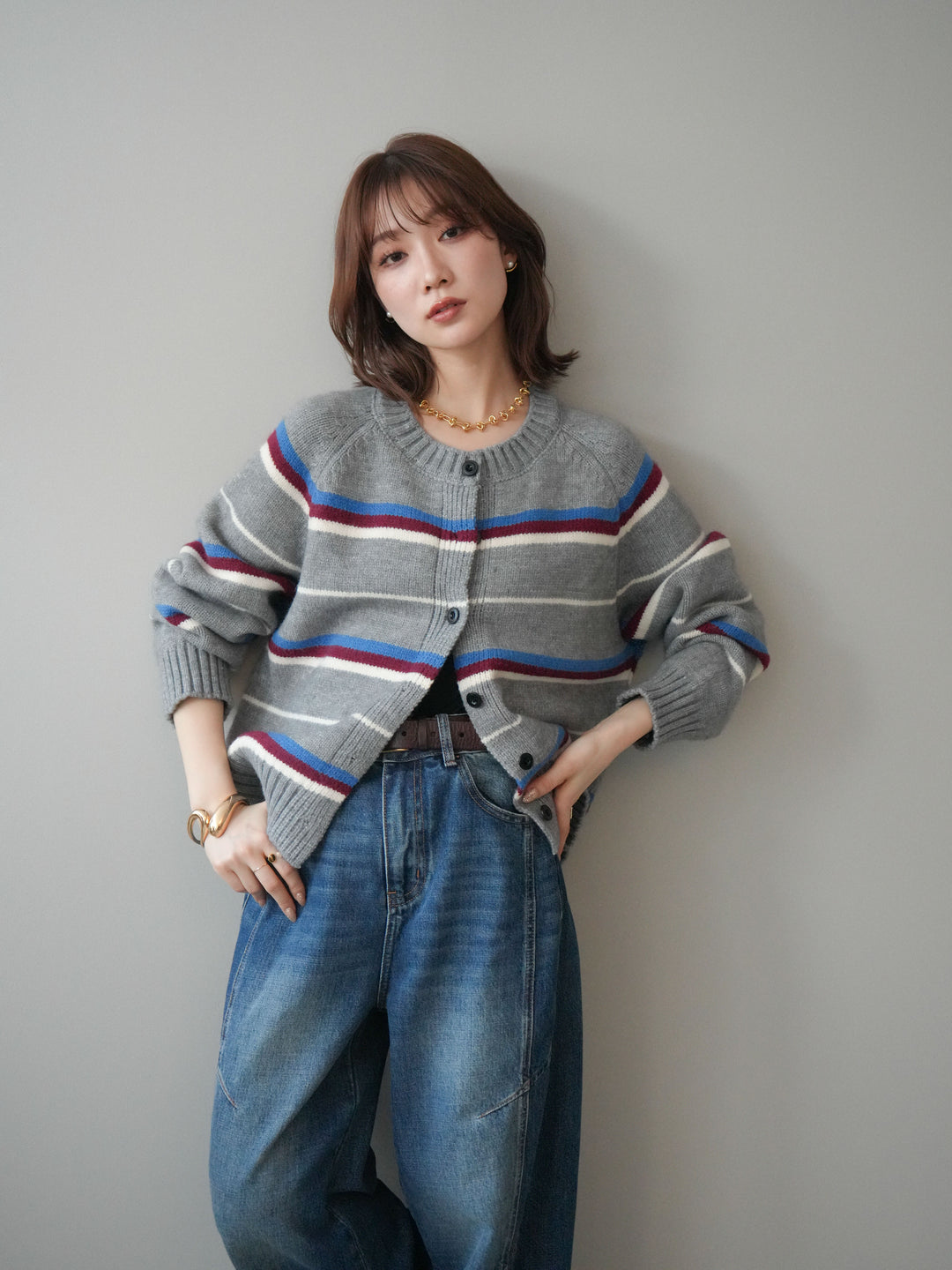 [SET]ランダムボーダーニットカーディガン+デザインステッチカーブデニムパンツ(2set)